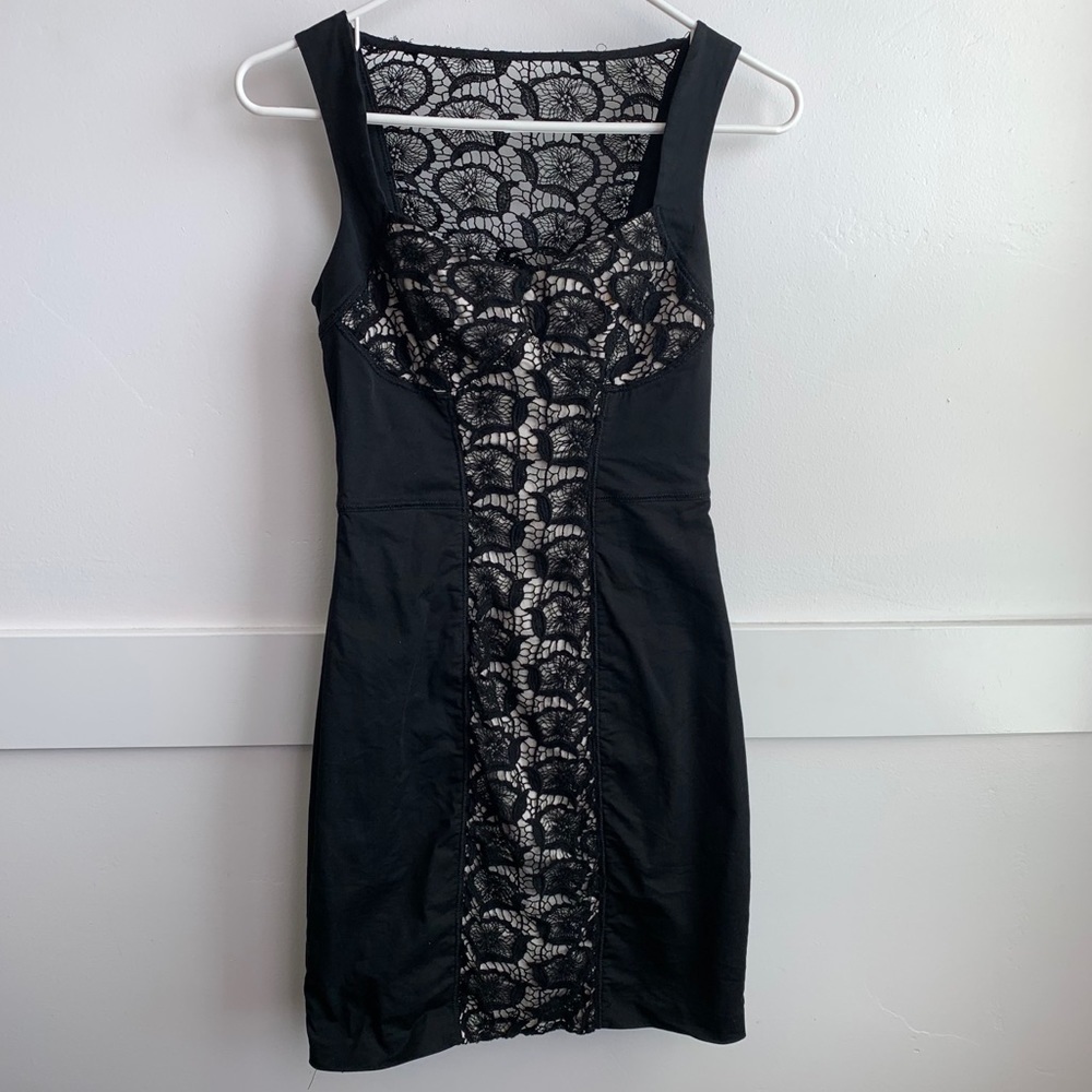 Bebe Black Flower Crochet Overlay Sleeveless Cocktail Dress